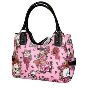 ED HARDY LARGE PINK TOTE PURSE W/ SKULLS ROSES HEARTS DIAMONDS BUTTERFLIES NWT